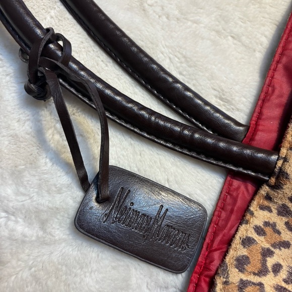Neiman Marcus Tote Microfiber Suede Tan Brown Leopard Print Brown Handles Red - Picture 10 of 16